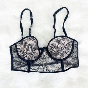Victorias Secret Womens Size 34C Balconet Bra Long Line Sexy Black Lace Floral
